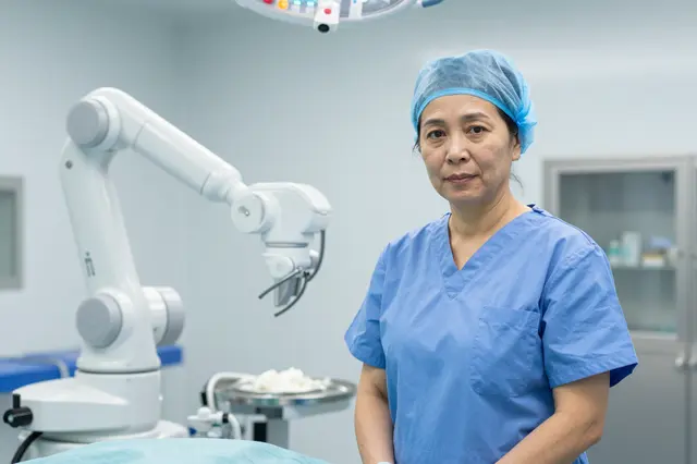 A middle-aged Southeast Asian surgeon in blue scrubs stands beside a white surgical robot in a bright operating room.