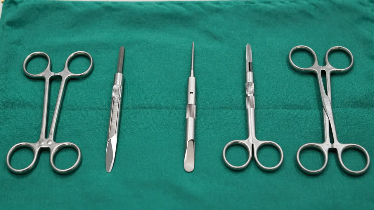 Top view of stainless steel surgical tools arranged in a neat row on a textured green surgical drape.
