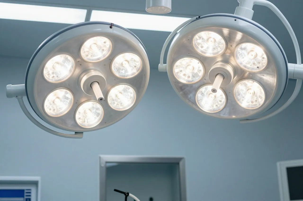 Low angle view of two illuminated round surgical ceiling lights in an empty operating room