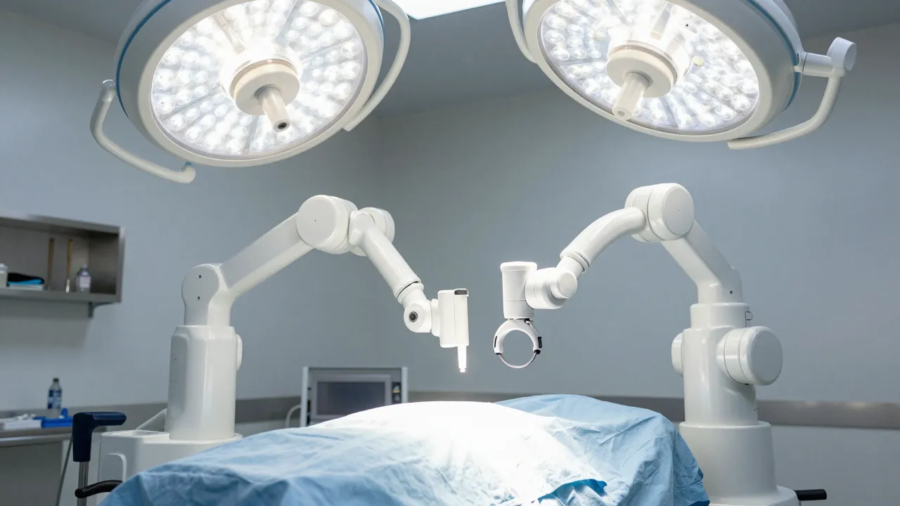 White surgical robot arms are positioned over a draped operating table under overhead surgical lights