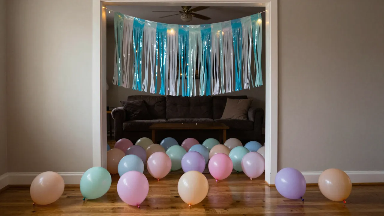 Dimmed living room prepped for a party with pastel balloons scattered on the floor and streamers hanging across the doorway