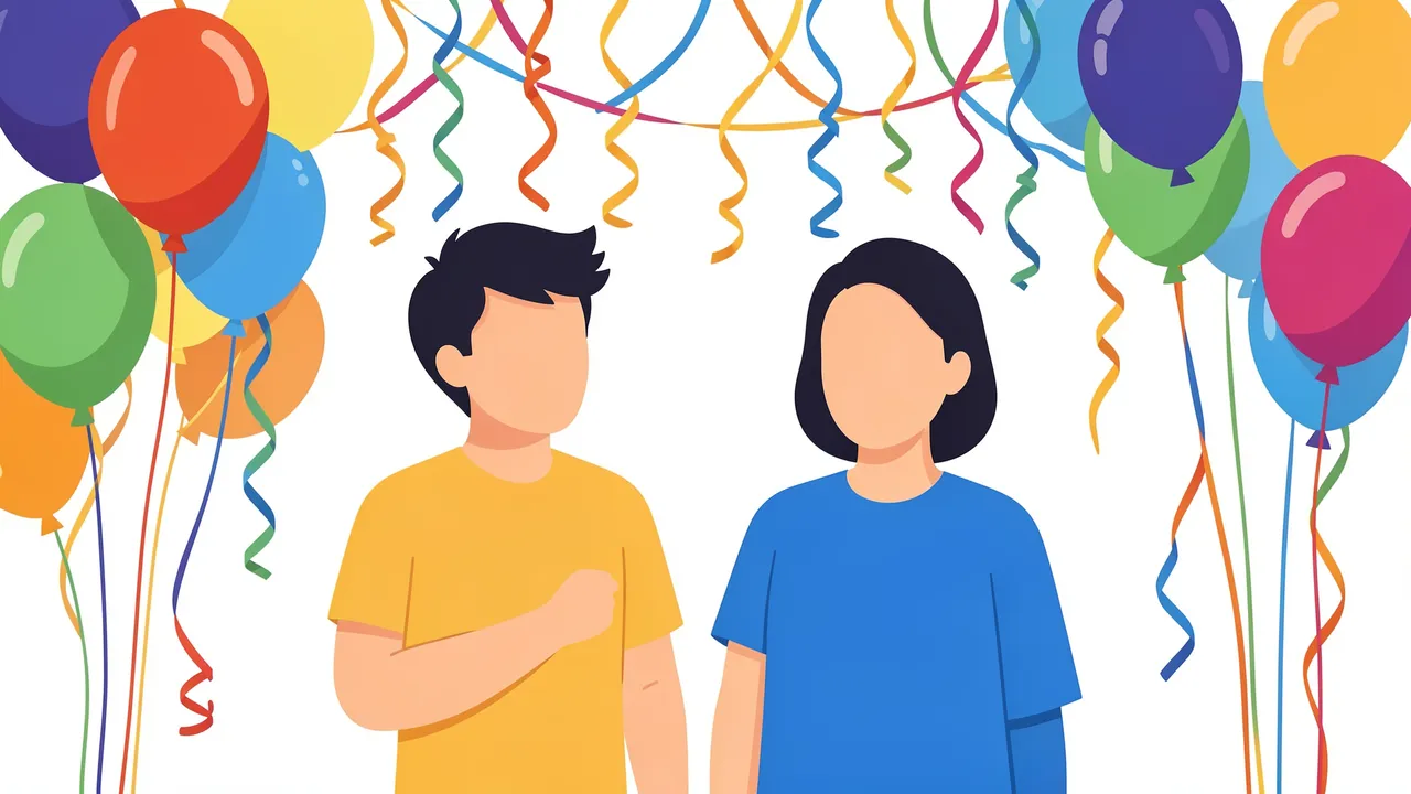 Faceless flat vector illustration of two people standing among colorful party balloons and hanging streamers