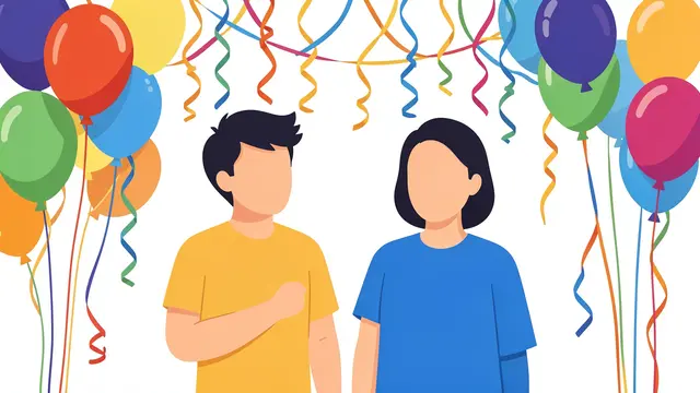 Faceless flat vector illustration of two people standing among colorful party balloons and hanging streamers