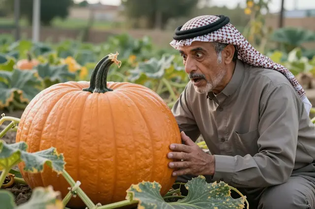 Older Middle Eastern man looks astonished while touching a giant ripe pumpkin in his garden patch.