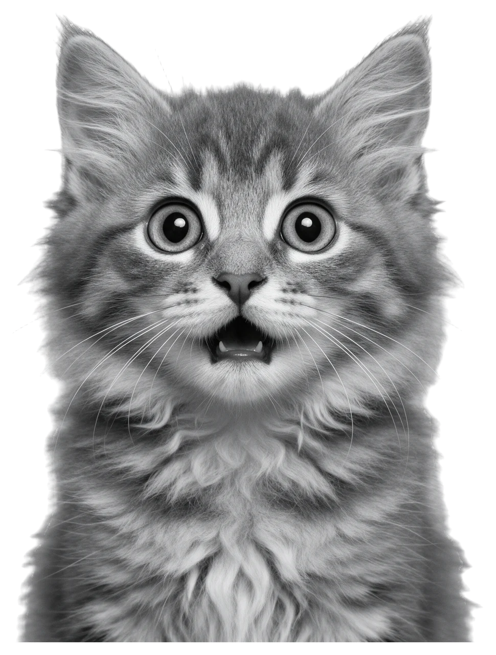 A fluffy tabby kitten looks at the camera with wide round eyes and an open mouth.