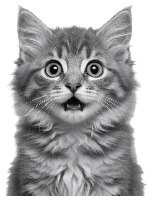 A fluffy tabby kitten looks at the camera with wide round eyes and an open mouth.