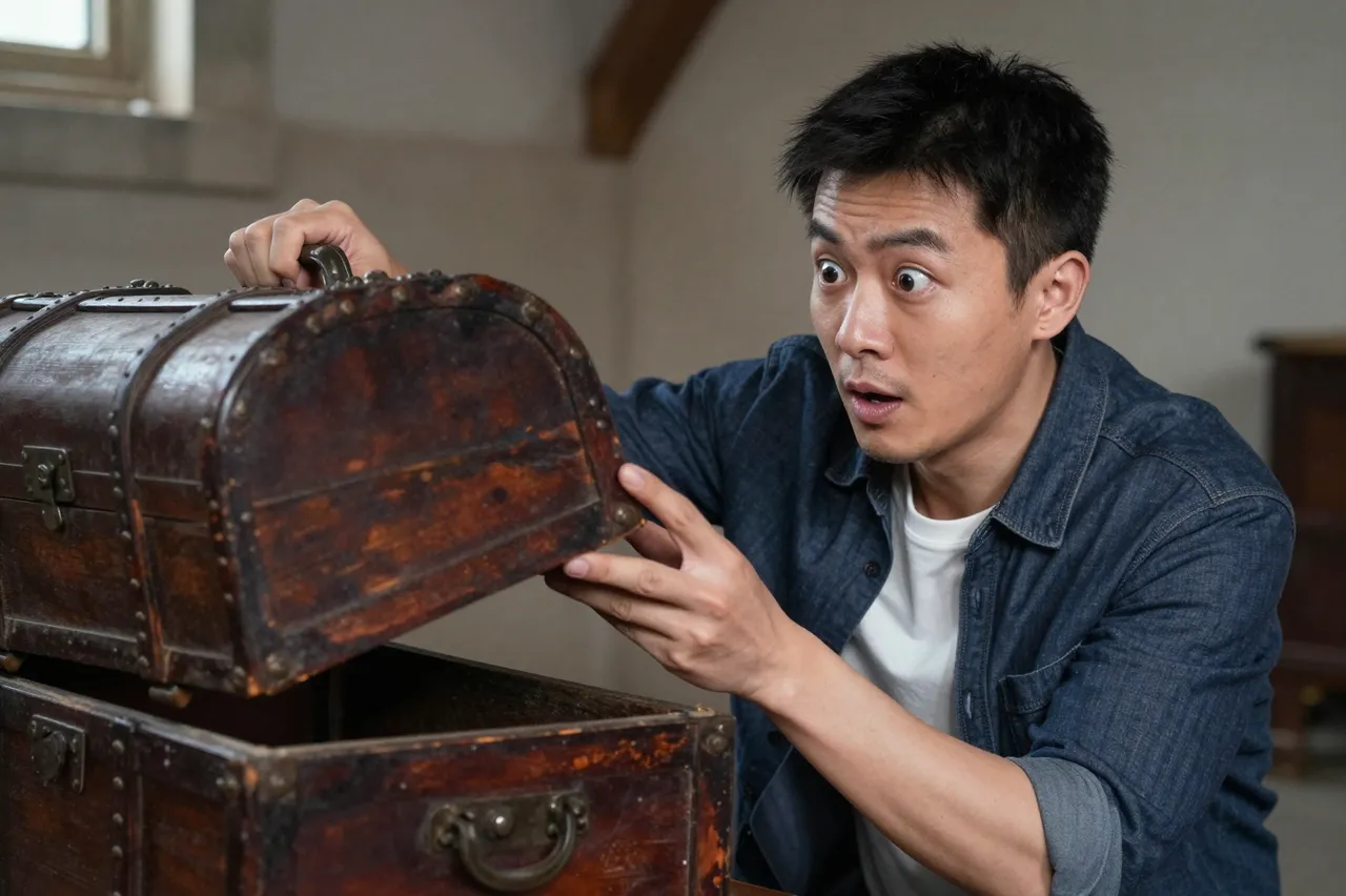 Surprised East Asian man lifts the lid of a vintage wooden chest in an attic space