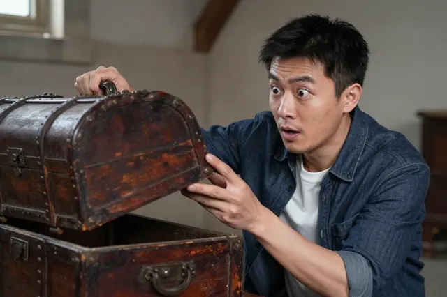 Surprised East Asian man lifts the lid of a vintage wooden chest in an attic space