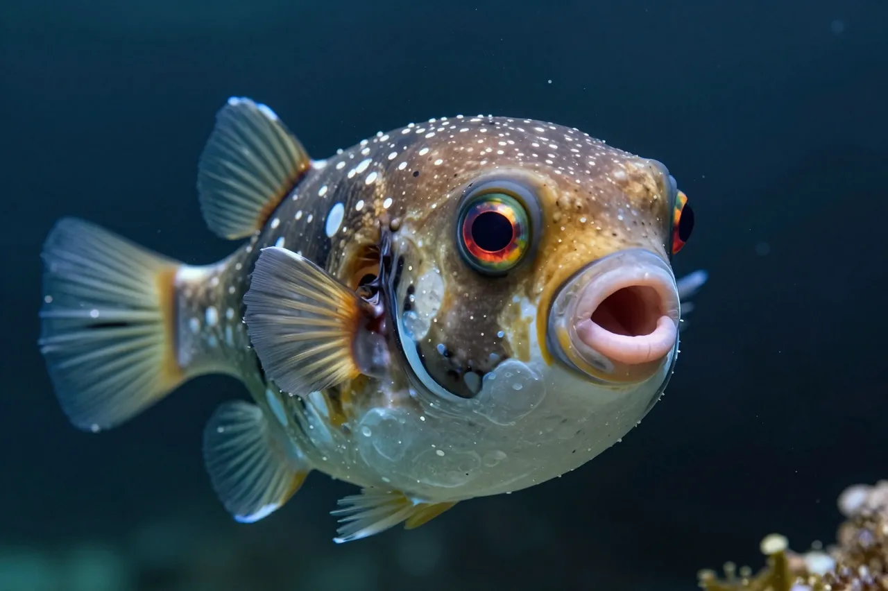 A spotted pufferfish with an open surprised expression floats in dark deep ocean water