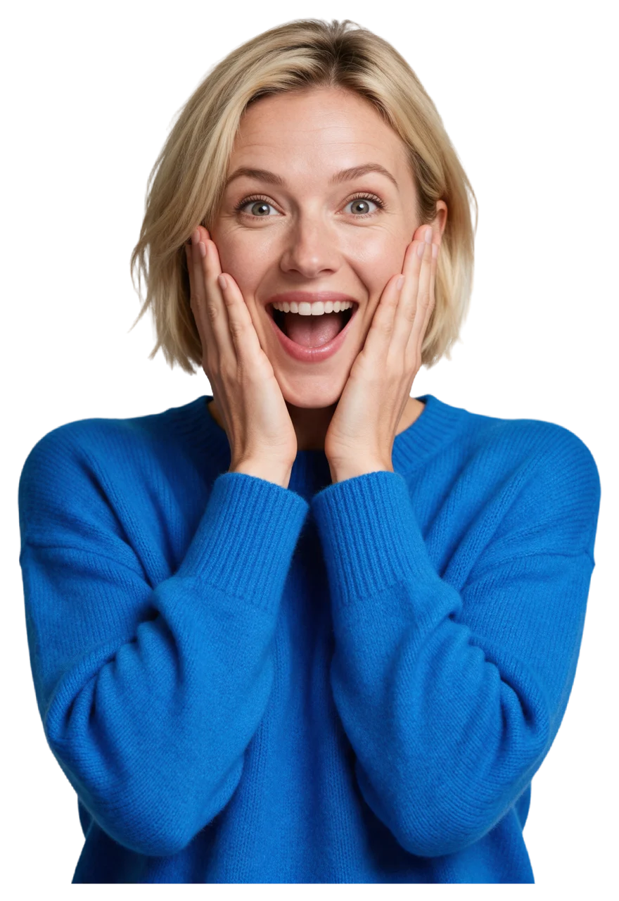 A woman with a short blonde bob holds her hands to her cheeks with a joyful surprised expression.
