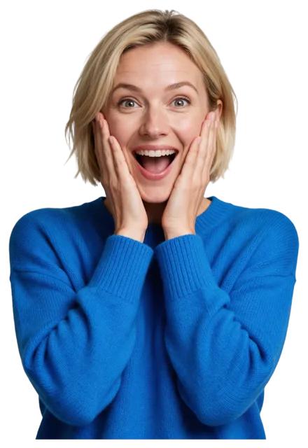 A woman with a short blonde bob holds her hands to her cheeks with a joyful surprised expression.
