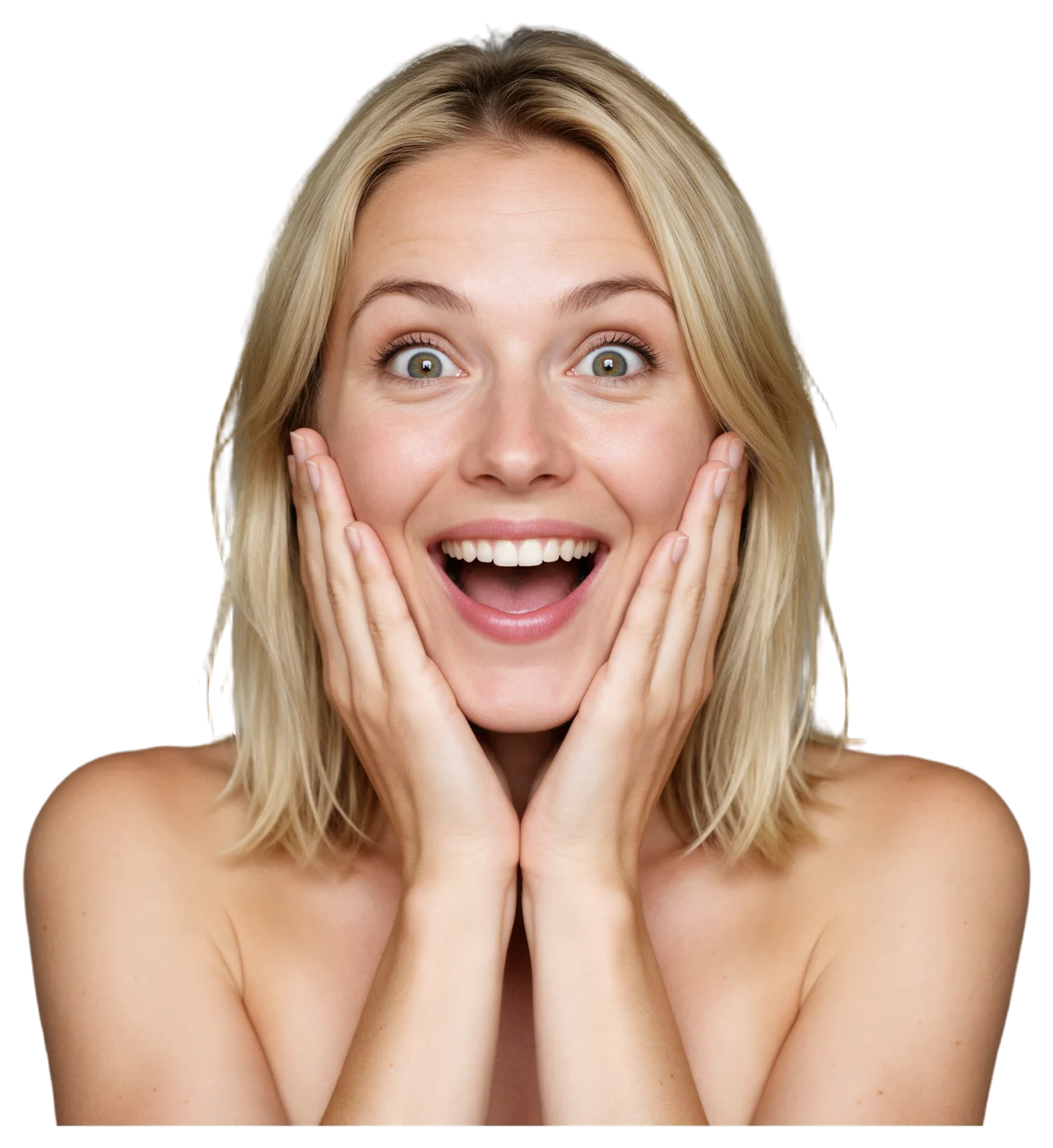 Blonde woman with a delighted surprised expression holds both hands to her cheeks