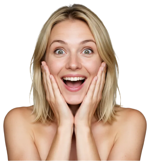 Blonde woman with a delighted surprised expression holds both hands to her cheeks