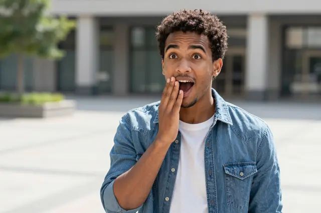 A mixed-race man in his late twenties shows a happy surprised expression standing on a sunlit plaza