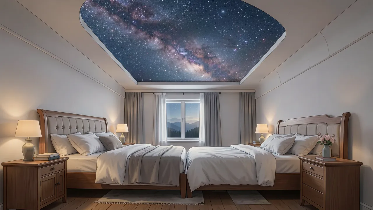 A quiet bedroom with two beds features an open ceiling panel revealing the glowing milky way galaxy
