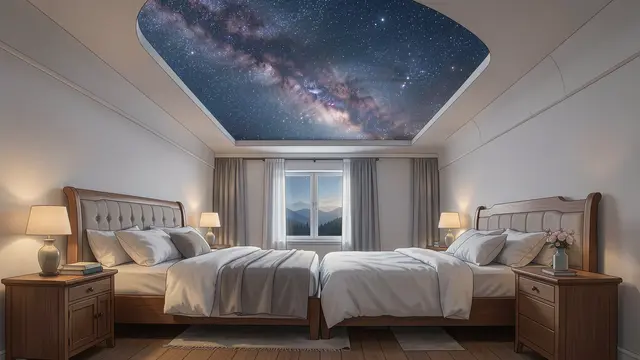 A quiet bedroom with two beds features an open ceiling panel revealing the glowing milky way galaxy