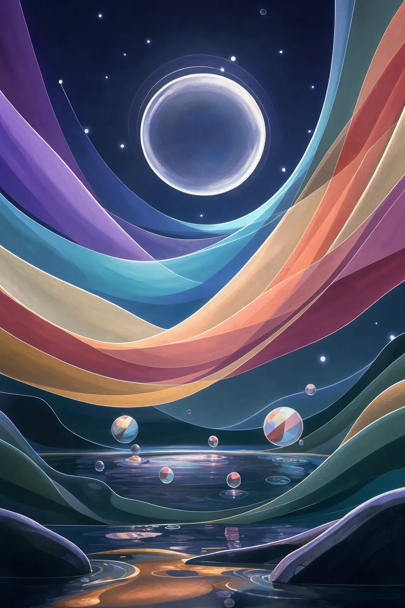 Translucent flowing ribbons curve across a starry sky above reflective water under a glowing large planet