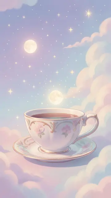 Decorative floral teacup sits among pastel clouds beneath glowing stars and twin full moons, one appearing above the cup