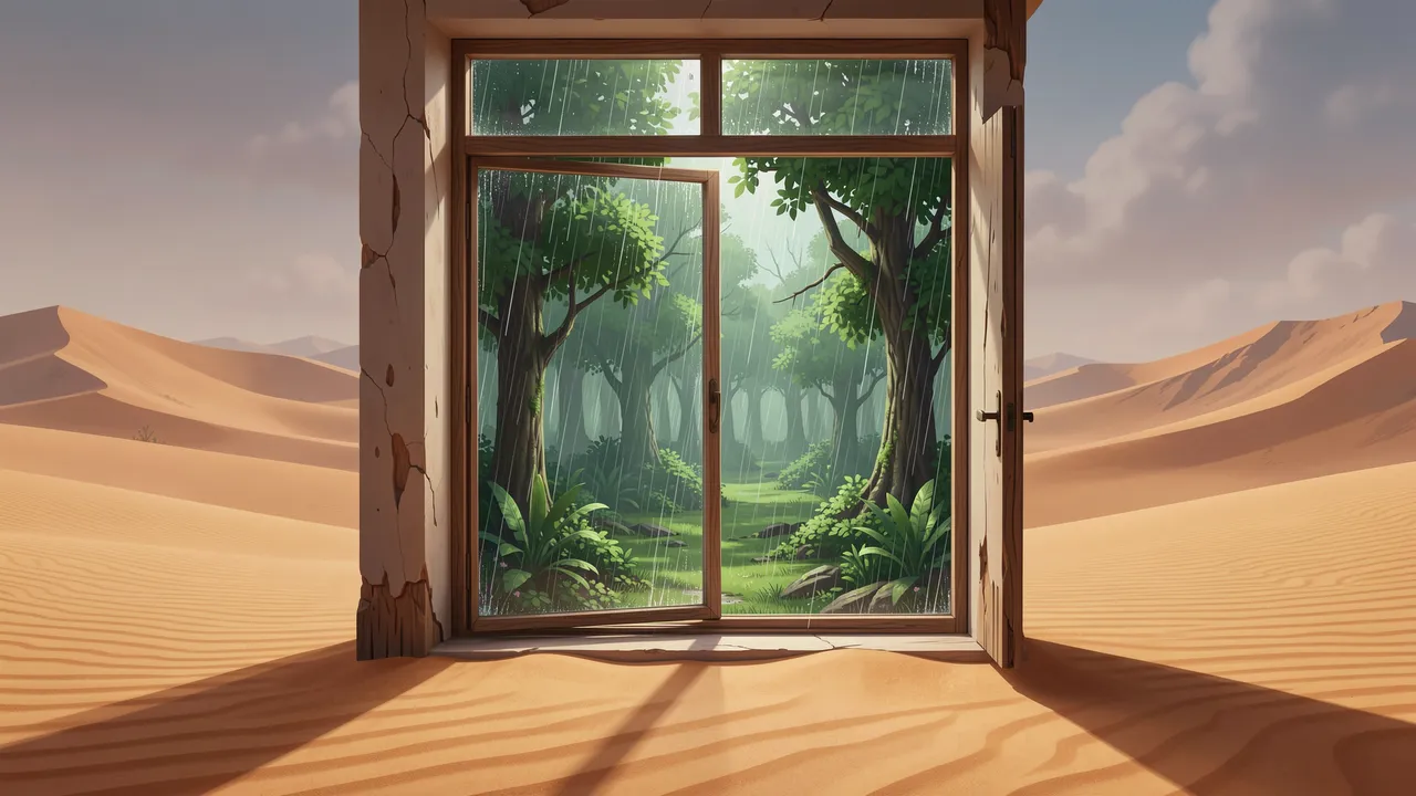 A freestanding weathered window in a sandy desert frames a rainy lush green forest through its glass