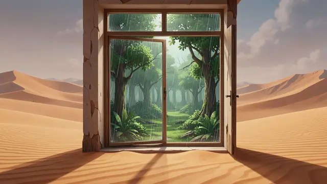 A freestanding weathered window in a sandy desert frames a rainy lush green forest through its glass