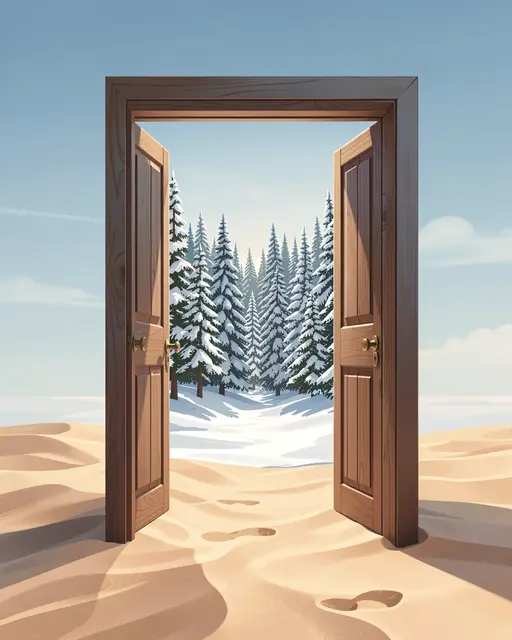 Open wooden door frame set in sandy beach revealing a snowy pine forest beyond