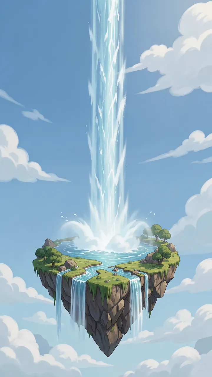 A stylized floating grassy island sits amid clouds as a tall vertical water column pours onto its center.