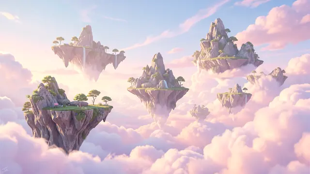 Rocky floating islands with trees drift above soft pastel pink and blue clouds at sunrise