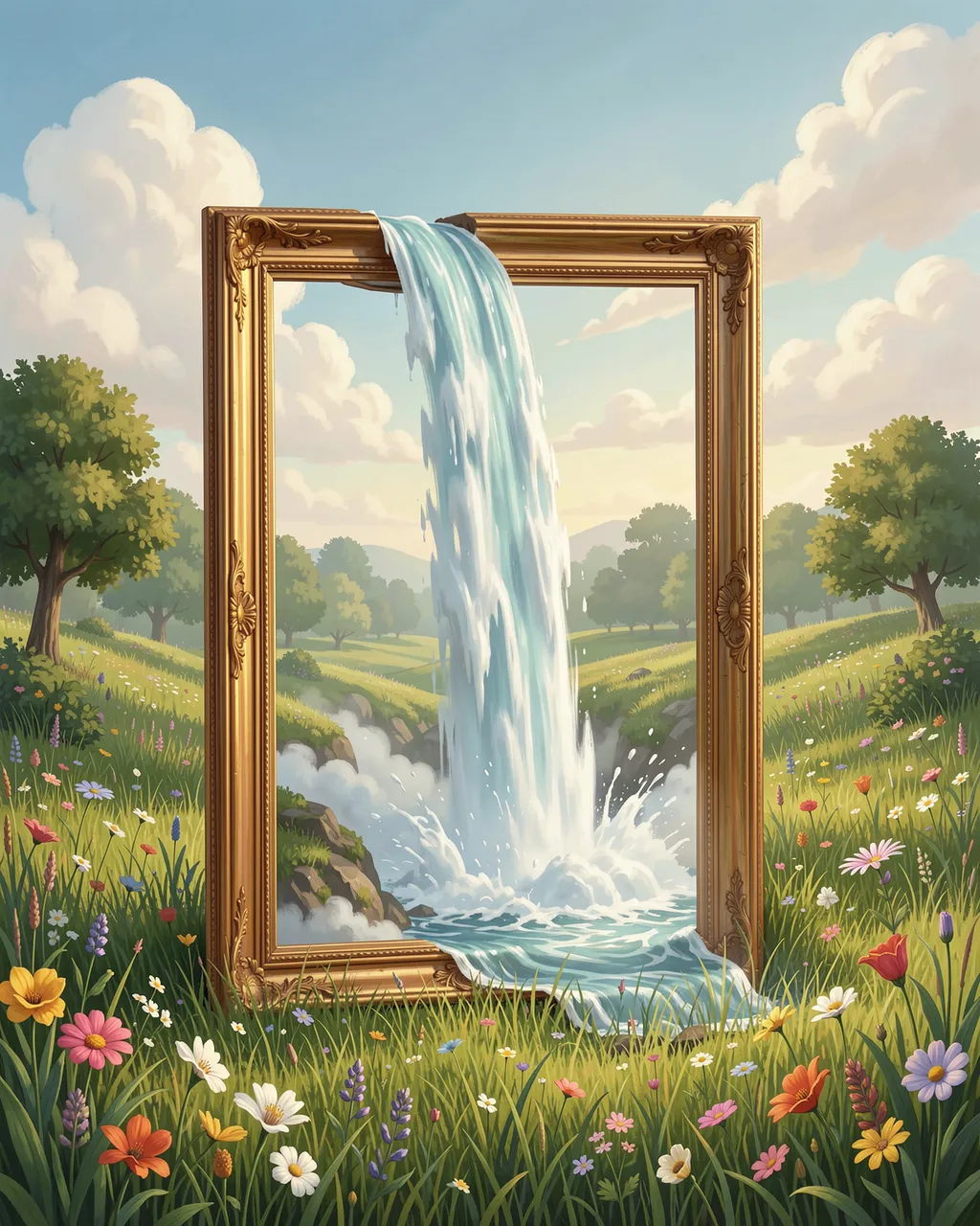 An ornate golden picture frame stands in a wildflower meadow as a waterfall pours through it into the surrounding grass
