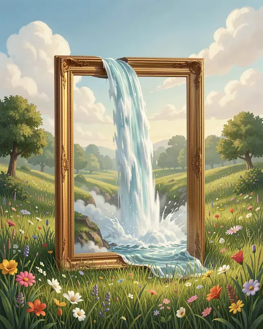 An ornate golden picture frame stands in a wildflower meadow as a waterfall pours through it into the surrounding grass