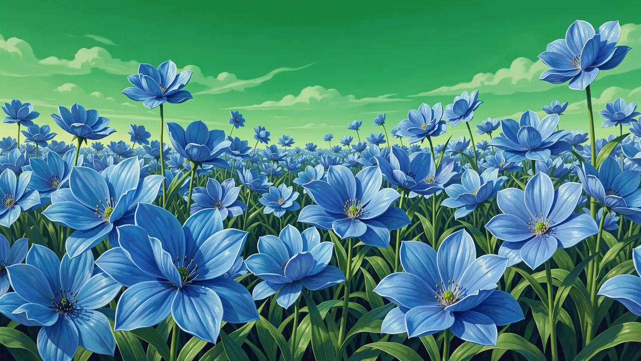 Dense field of large blue flowers stretches out beneath a soft green sky with pale clouds