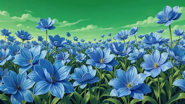 Dense field of large blue flowers stretches out beneath a soft green sky with pale clouds