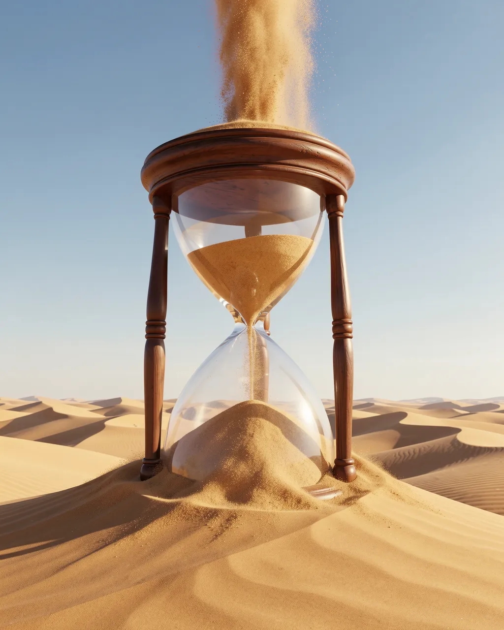 A giant wooden hourglass half-buried in desert dunes has sand flowing upward from its top