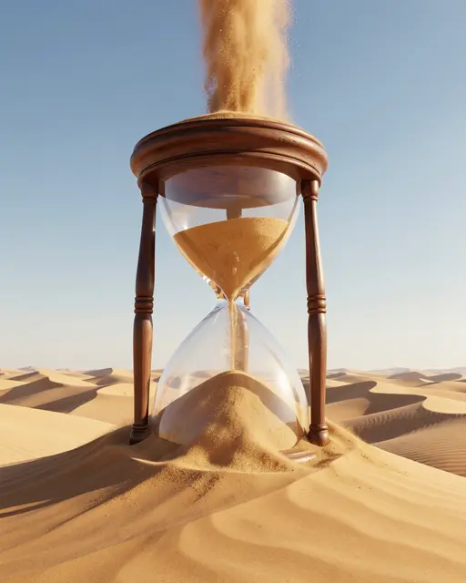 A giant wooden hourglass half-buried in desert dunes has sand flowing upward from its top