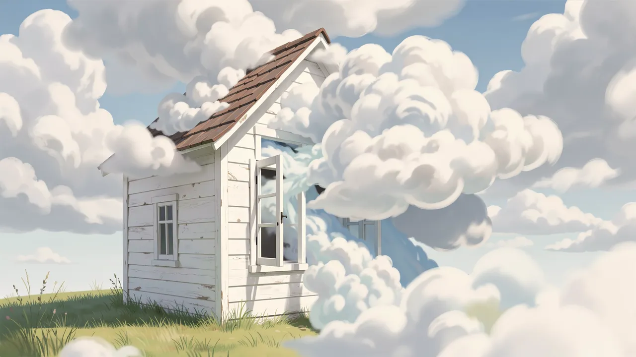 A small white wooden house sits on grass as clouds pour out its open window and roof gaps