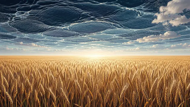 Golden wheat field stretches to the horizon under an upside-down ocean sky dotted with clouds