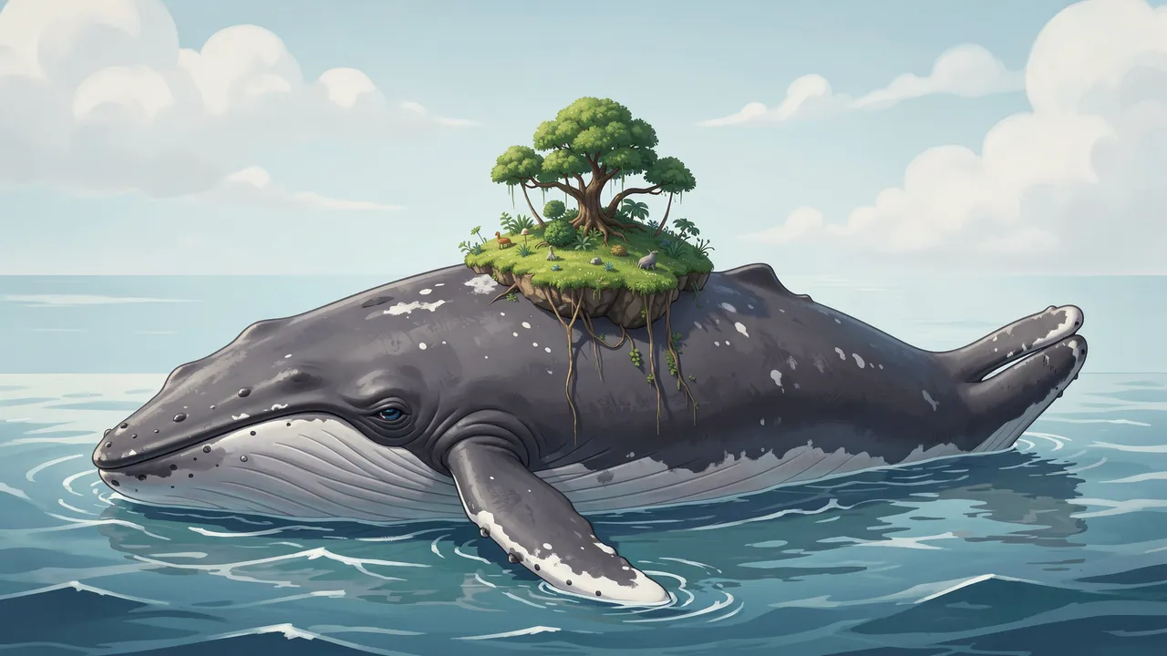 A giant floating whale carries a tiny green tree-topped island across calm ocean under soft clouds
