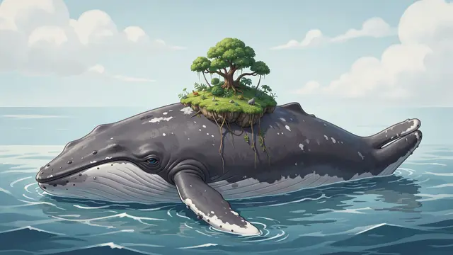 A giant floating whale carries a tiny green tree-topped island across calm ocean under soft clouds