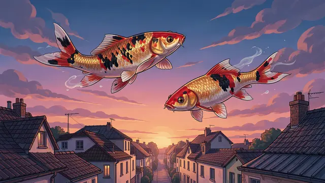 Two patterned koi fish float through a pastel dusk sky above quiet residential rooftops