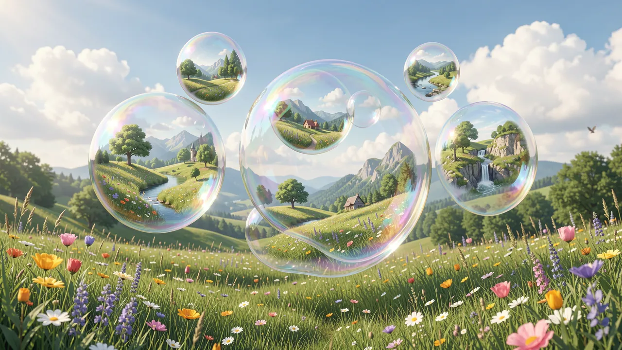 Translucent soap bubbles holding tiny idyllic landscapes float above a sunlit wildflower meadow