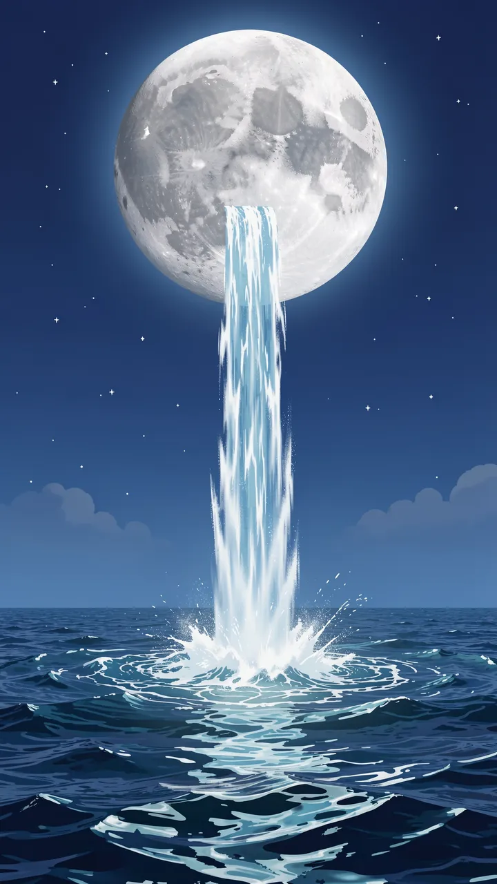A narrow waterfall flows from a full moon down into a dark night sea under a starry sky