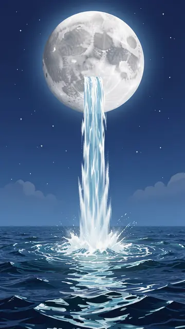 A narrow waterfall flows from a full moon down into a dark night sea under a starry sky