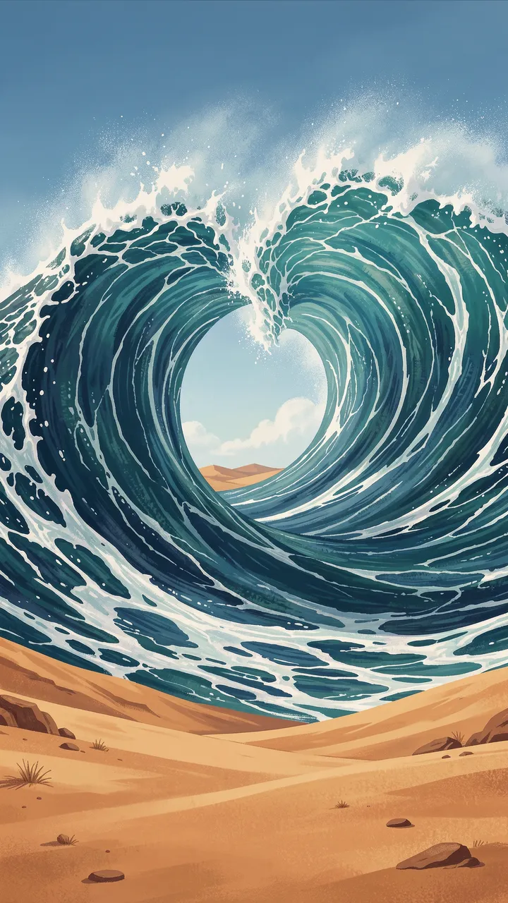 A curling turquoise ocean wave arches like a frame over sunlit desert sand dunes under a clear blue sky