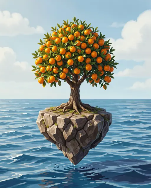 A laden orange tree grows on a small floating rock hovering above calm blue ocean waters under a cloudy sky