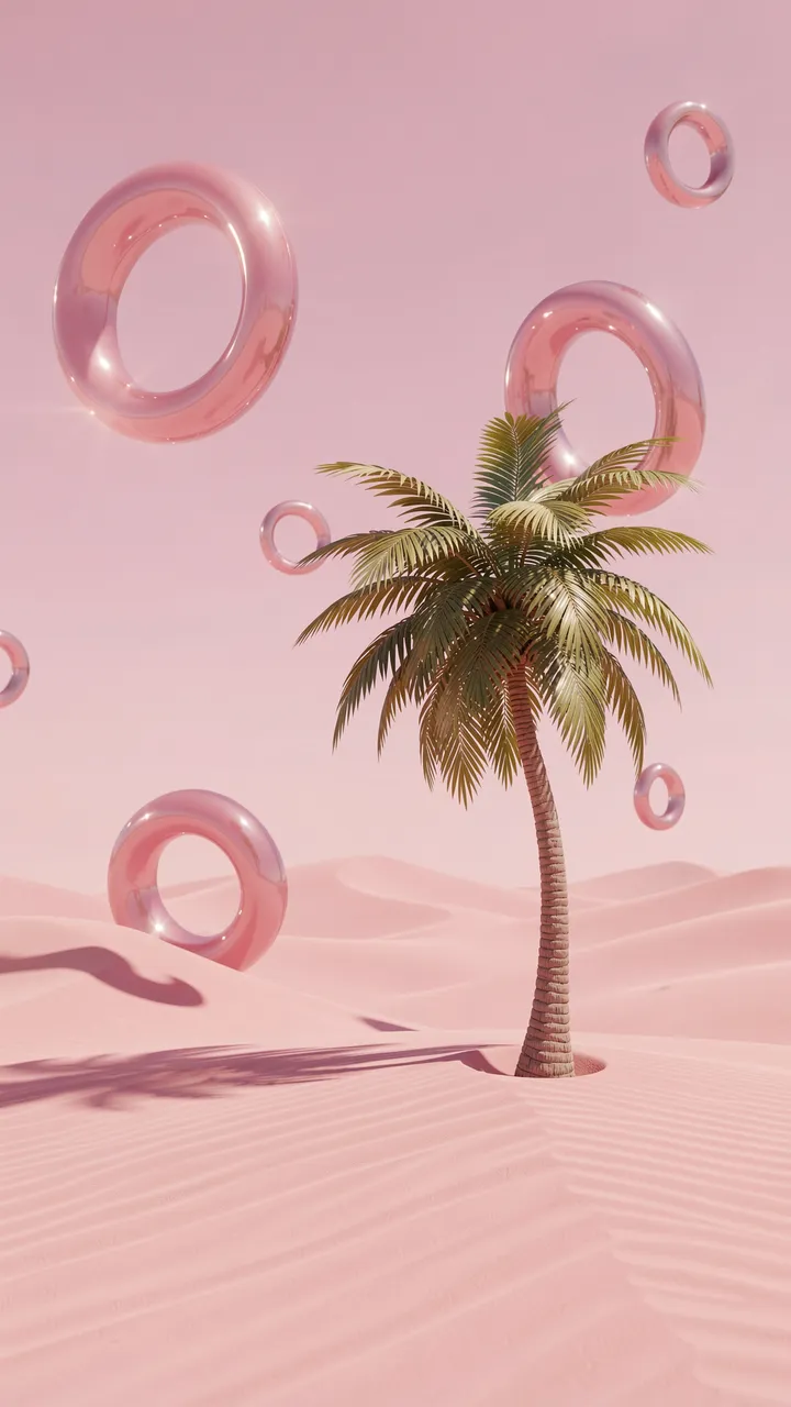 A single palm tree stands in a soft pink desert with floating glossy pink rings against a matching pink sky