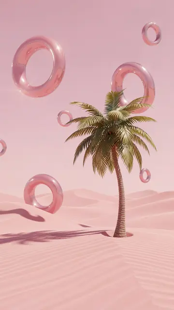 A single palm tree stands in a soft pink desert with floating glossy pink rings against a matching pink sky