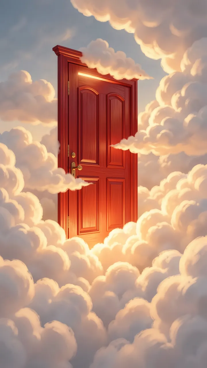 A floating red wooden door glows with warm light among soft fluffy clouds in the sky