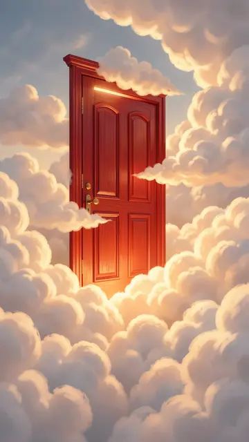 A floating red wooden door glows with warm light among soft fluffy clouds in the sky