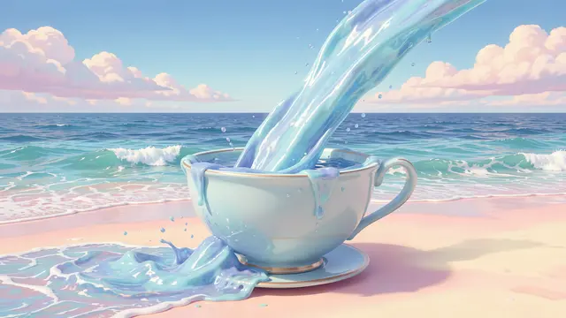 Light blue giant teacup sits on a pastel beach as an ocean stream pours into it and spills onto sand