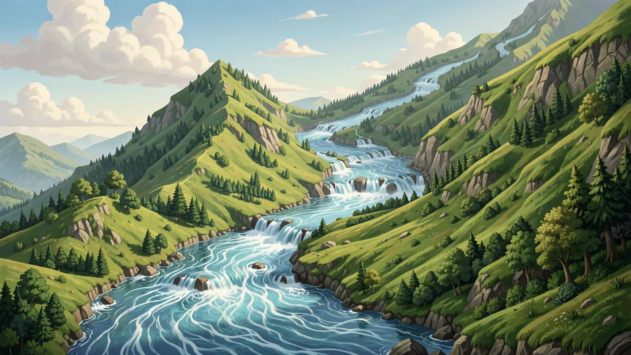 A winding river with cascading water flows uphill across rolling green mountain slopes under a pale blue sky.