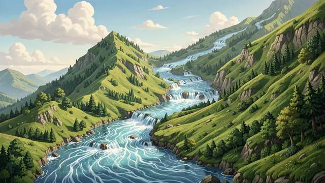 A winding river with cascading water flows uphill across rolling green mountain slopes under a pale blue sky.